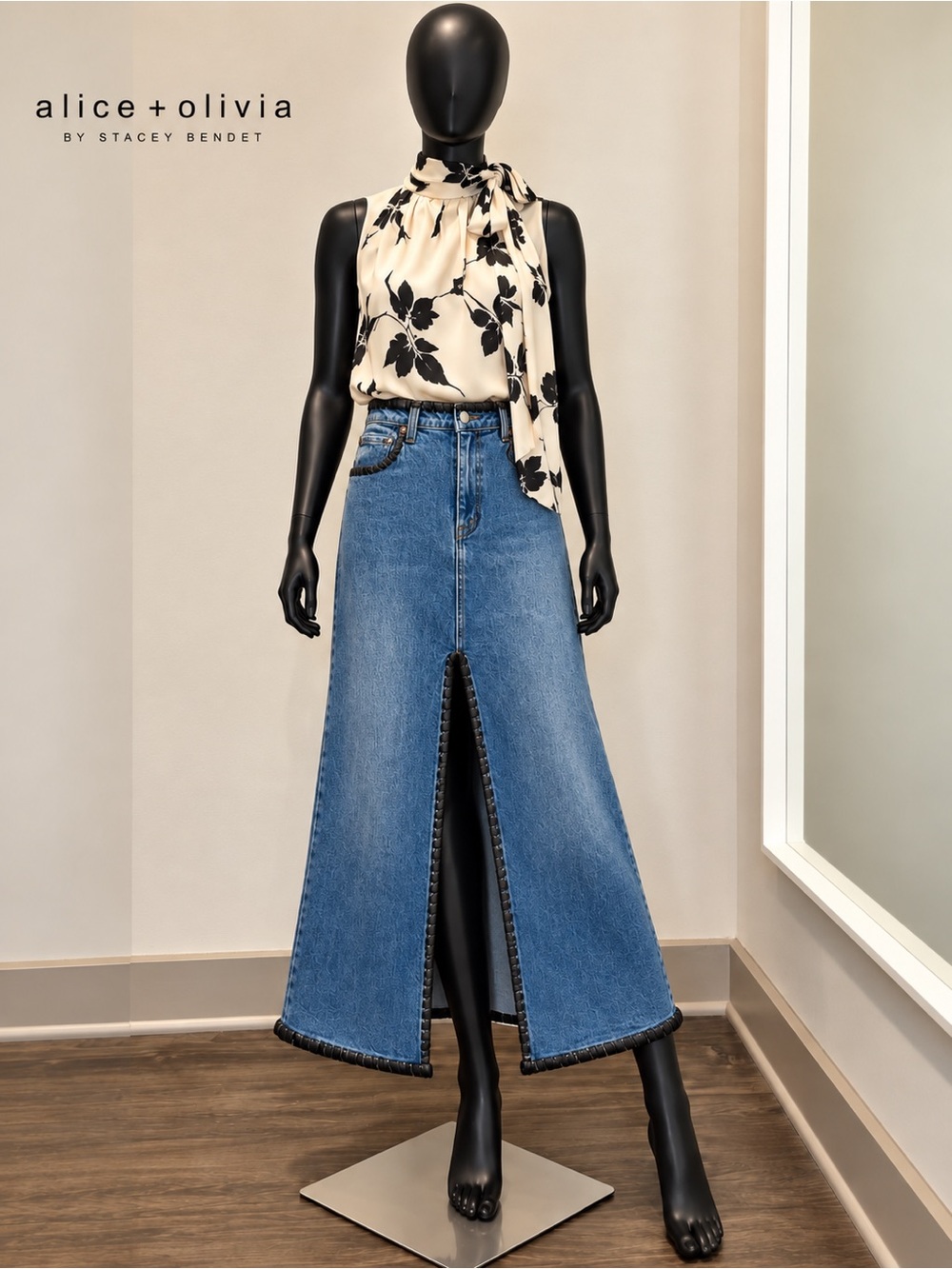 Alice + Olivia Rye Denim Maxi Skirt with Leather – Lola Blue/Black – Size 28 NWT